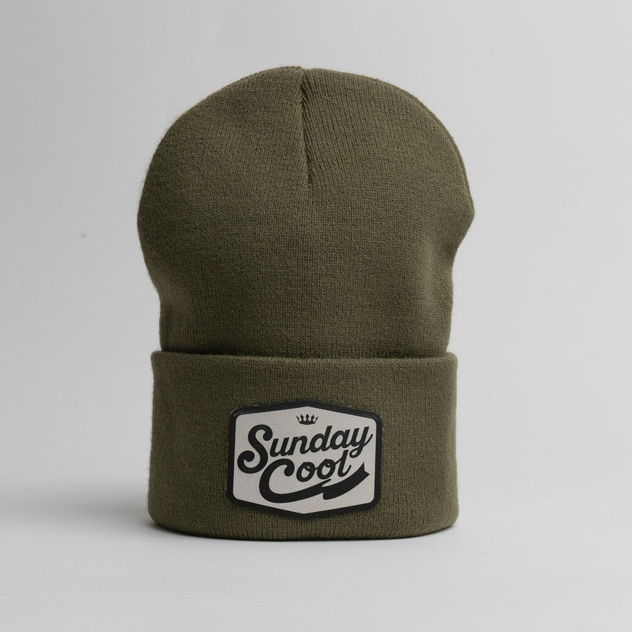 Olive Beanie - Leatherette Patch